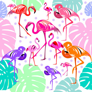 多彩火烈鸟与热带植物图案数码印