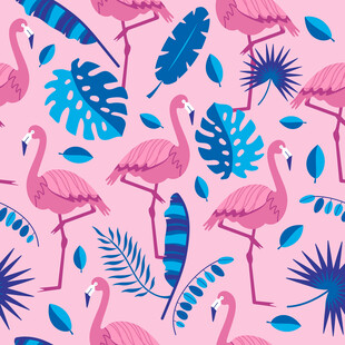粉色火烈鸟与热带叶图案数码印花