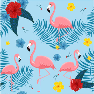 火烈鸟与热带植物图案数码印花