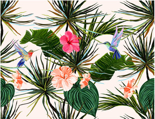 热带花卉与飞鸟图案设计数码印花