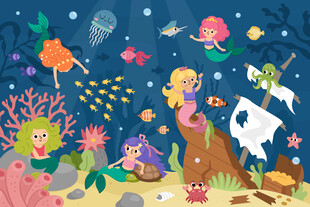 可爱美人鱼卡通海底世界珊瑚背景