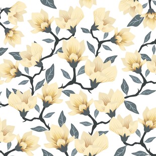 黄色花卉枝叶无缝图案数码印花