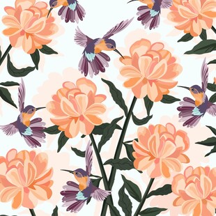 花卉蜂鸟图案清新自然风无缝数码