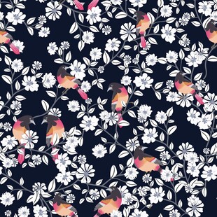 黑色底花卉小鸟图碎花无缝数码印