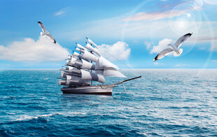 蓝天白云海鸥帆船背景