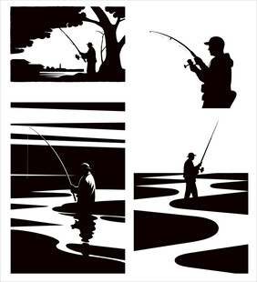 黑白剪影中的钓鱼场景