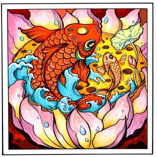 莲莲有鱼锦鲤戏于莲花间插画