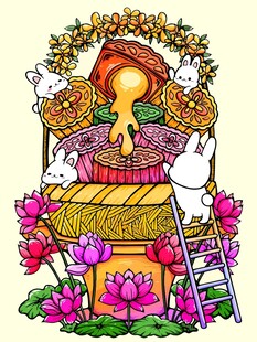 中秋玉兔月饼贺月插画