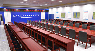 宽敞会议室整齐排列桌椅中铁