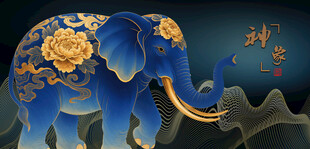 蓝色繁花大象艺术图案