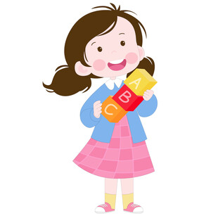 拿着彩色字母魔方积木的女孩插画