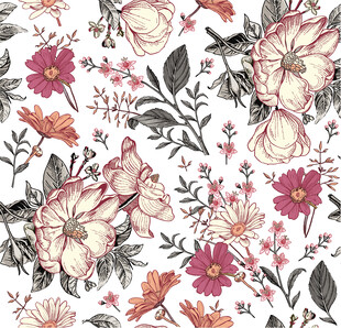 复古花卉图案背景四方连续数码印