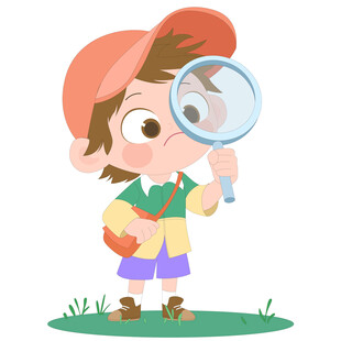 戴着帽子拿着放大镜观察的男孩