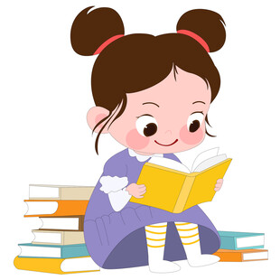 儿坐在一堆书前面认真阅读的女孩