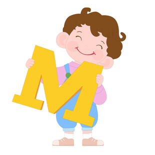 开学季英语课抱着字母M的男孩