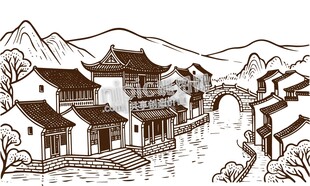 山水画江南水乡古建筑