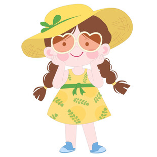 带草帽和眼镜穿碎花裙的可爱女孩