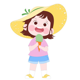 卡通带着草帽吃冰淇淋的可爱女孩