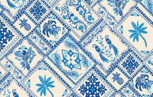 蓝白几何花卉瓷砖图案