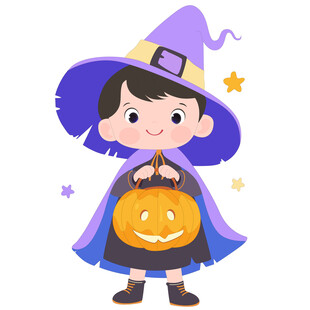  万圣节穿斗篷拿南瓜灯小巫师