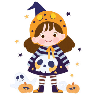 万圣节骷髅服装南瓜灯女孩插画