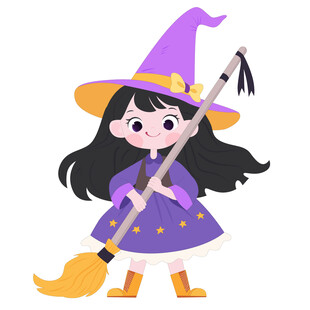 万圣节小女巫拿着魔法扫把插画