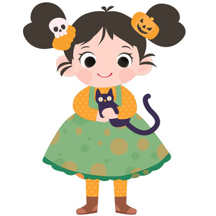 万圣节穿波点裙抱黑猫女孩插画