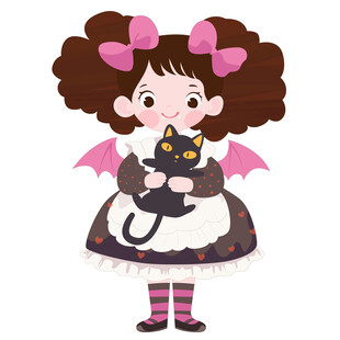 万圣节小魔女服装抱着黑猫女孩
