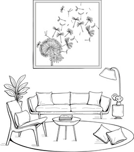 简约客厅黑白线条插画 矢量图
