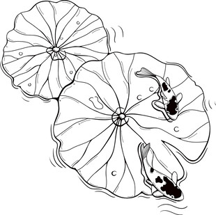 水墨风荷叶游鱼图 矢量图