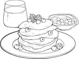 美味松饼配水果与饮品 矢量图