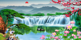 流水生财瀑布山水画