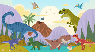 可爱恐龙世界卡通山谷火山背景墙