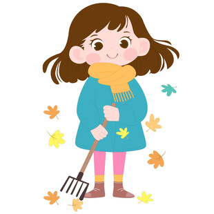 卡通风秋季拿扫把扫落叶可爱女孩