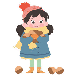 卡通秋天带着帽子抱着坚果的女孩