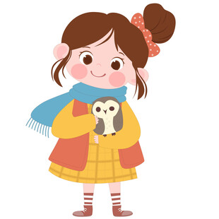 卡通秋天抱着猫头鹰的可爱女孩