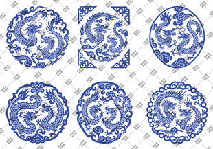 青花瓷龙纹线稿矢量图