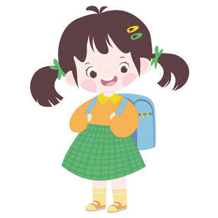 卡通穿格子裙背书包去上学的女孩