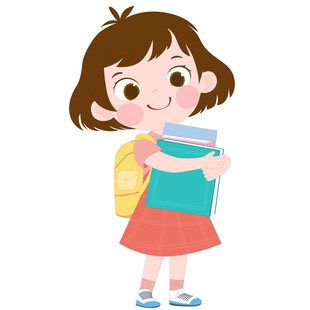 卡通风拿着书穿格子裙背书包女孩