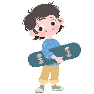  卡通拿着滑板去运动的开心男孩