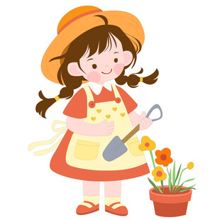 卡通戴草帽穿裙子拿铲子种花女孩