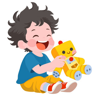 卡通风和机器人玩耍的快乐男孩