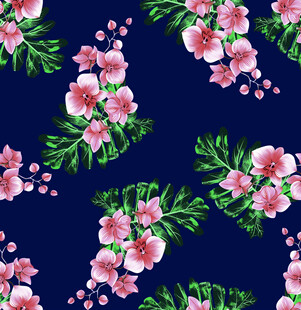 深蓝色底粉色花卉图案