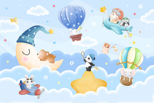 可爱卡通小动物月亮儿童房背景墙