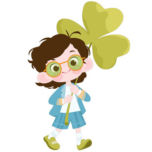 卡通可爱男孩拿着四叶草幸运草