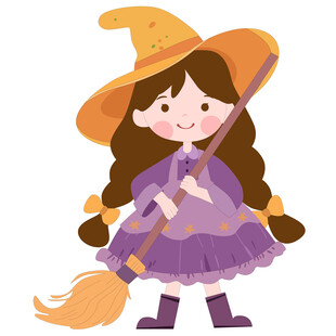 卡通女孩万圣节戴魔法帽拿扫把