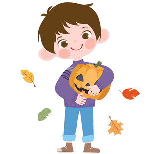 卡通风可爱男孩万圣节拿着南瓜灯