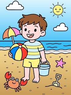 卡通矢量手绘沙滩男孩游玩插画