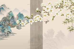 中式格栅花鸟背景墙