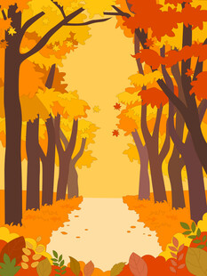 卡通风秋季枫林里的枫叶落叶小路